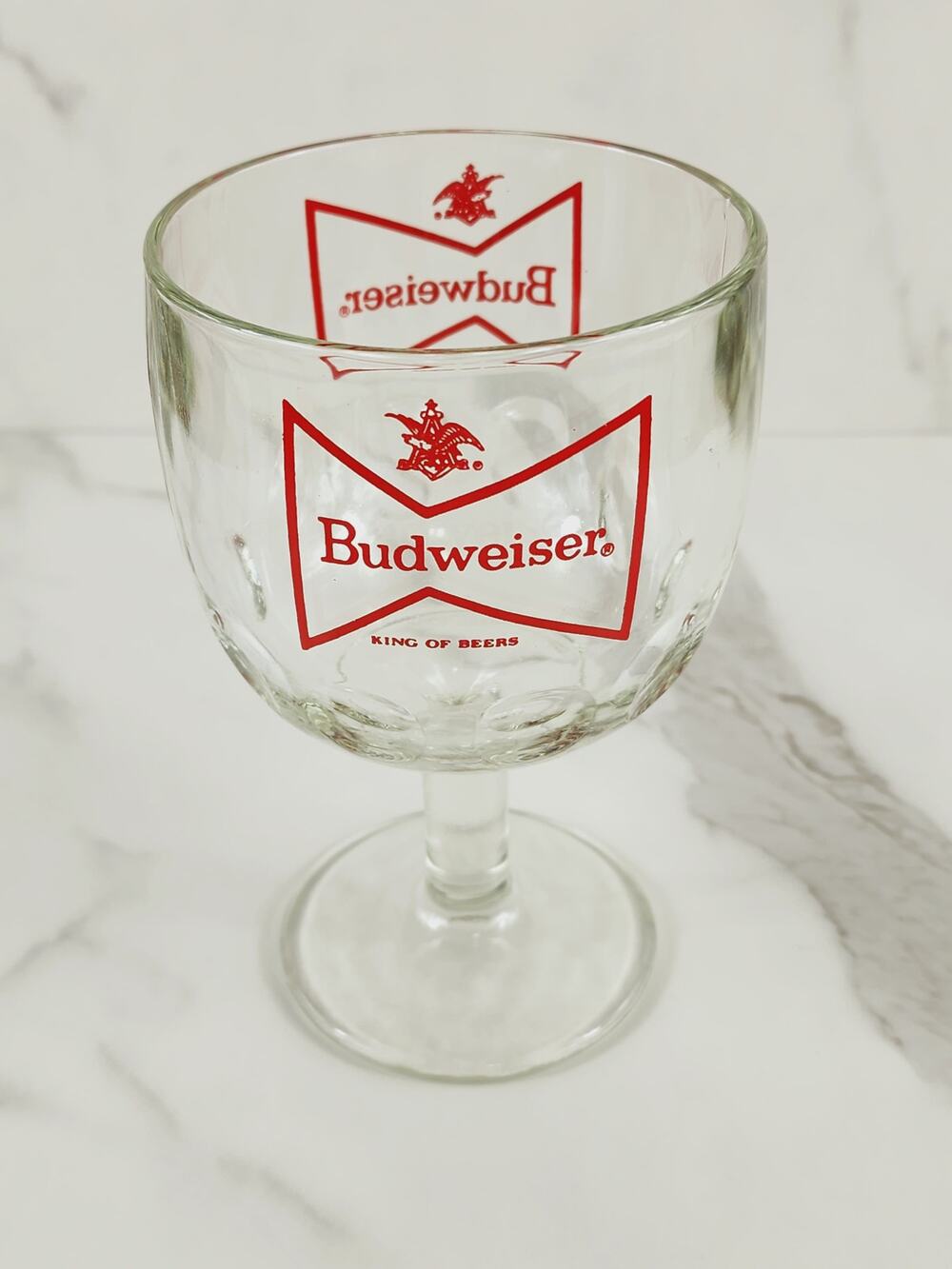 Budweiser Thumbprint Beer Goblet Glass 16oz Chalice Cup Red Logo 6" Vintage